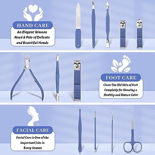 Manicure Set Professional Nail Clippers Pedicure Kit, 12 Pcs Stainless Steel Nail Care Tools Grooming Kit with Luxurious Travel Leather Case for Men Women Gift (Blue) - color: blue