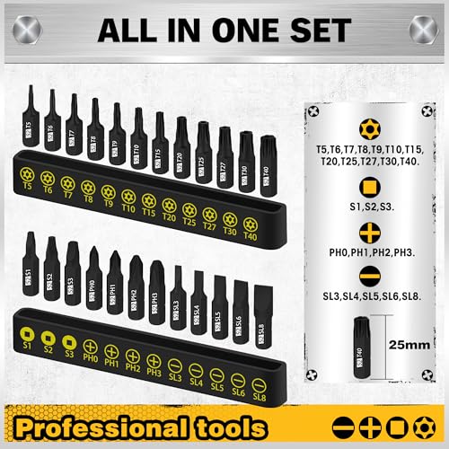 26-Piece Magnetic Security Torx Screwdriver Bit Set - 1/4 inch Magnetic Bit Driver, T5-T40, Ergonomic Cushion Grip 95mm & 210mm Handles, Torx, Square, Phillips, Slotted Bits - size: 26-Piece