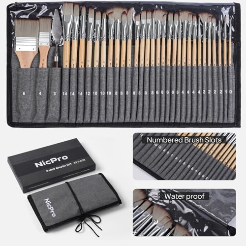 Nicpro 32pcs Paint Brush Set, Acrylic Paint Brushes, Professional Artist Series with Paint Spatula and Cloth Roll, Paintbrushes for Oil, Acrylic Canvas Paintings, Watercolor, Art Supplies - color: Beige