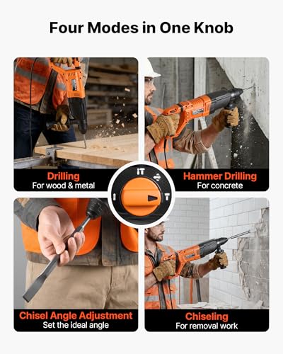 VEVOR Rotary Hammer Drill, 1-1/8 in SDS-Plus Electric Corded Heavy Duty Rotary Hammer, 4 Functions, Including 3 Drill Bits, Flat Chisel, Pointed Chisel, and Carrying Case, for Concrete and Masonry - size: 1-1/8 in