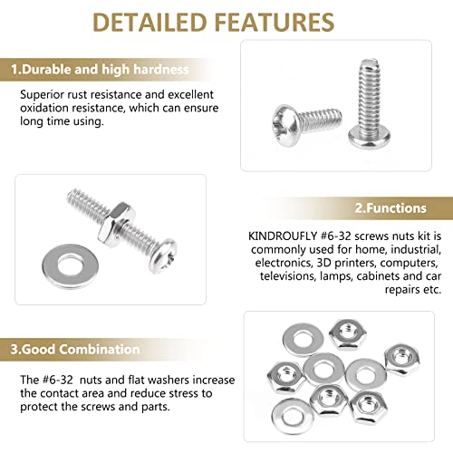 242 Pieces #6-32x 3/16", 1/4", 5/16", 3/8", 1/2", 5/8", 3/4", 1", Phillips Pan Head Machine Screws Nuts Washers Assortment Kit, 304 Stainless Steel, Fully Machine Thread - size: #6-32