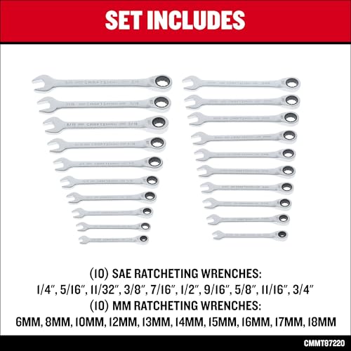 CRAFTSMAN Ratchet Wrenches Set, 20 Pc, 90 Tooth SAE/Metric Ratcheting Wrench Set with Case, 4 Degree Arc Swing (CMMT87220)
