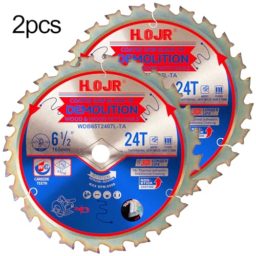 2-Pack 6-1/2" 24 Tooth 5/8" Arbor Woodworking Circular SawBlade,Framing/Demolition,Special Anti-Thermal Adhesion Coating on Cutting Head -TA,DEM 6-1/2" 24T-TA - size: 2PCS 6-1/2" 24T 5/8"