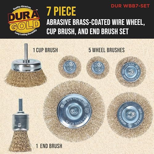Dura-Gold 7-Pc Abrasive Brass-Coated Wire Wheel, Cup Brush, End Brush Set
