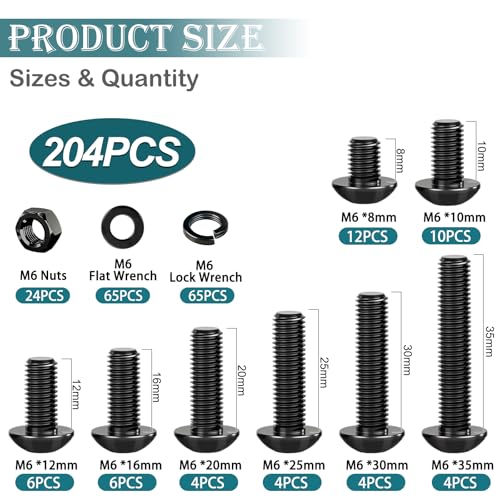mxuteuk 204PCS M6 Screws,M6x8/10/12/16/20/25/30/35mm Hex Button Head Cap Bolts with Nuts & Washers,10.9 Grade Alloy Steel Black Zinc Screws Assortment Kit for 3D Printing,DIY - size: 204PCS M6