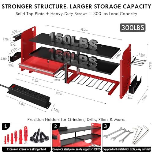 KSVO Power Tool Organizer Wall Mount, Locking Drawers, Charging Shelf, Red - color: Red