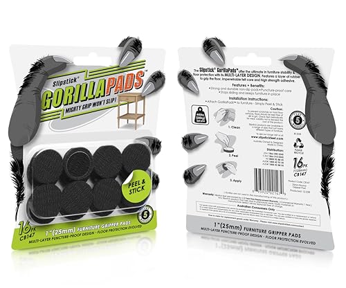 Slipstick GorillaPads CB147 Non Slip Furniture Pads/Gripper Feet (Set of 16) Self Adhesive Rubber Floor Protectors, 1 inch Round, Black (Pack of 3) - size: 1" Round (Pack of 3)