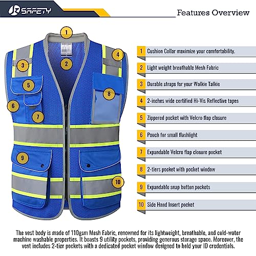 JKSafety Hi Vis Safety Vest for Men Women Cushioned Collar JK101 Blue M - color: Jk101-blue, size: Medium