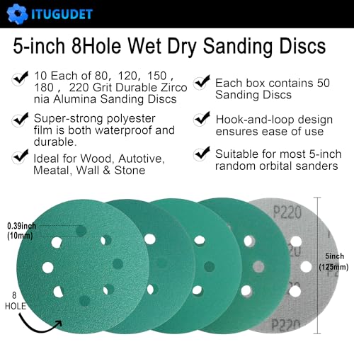 5 Inch 8 Hole Wet Dry Sanding Discs - P80-220 Assortment - 50 Pack - size: Mixed Grit