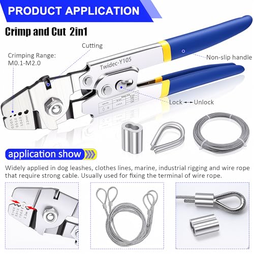 Twidec/Wire Rope Crimping Tool Up To 2.2mm With 240PCS 1/16''Aluminum Crimping Loop Sleeve And 165FT 1/16'' 304 stainless steel Wires Rope 20PCS Wire Thimbles And Wire Rope Cable Cutter Kit - style: 165FT Cutter Kit