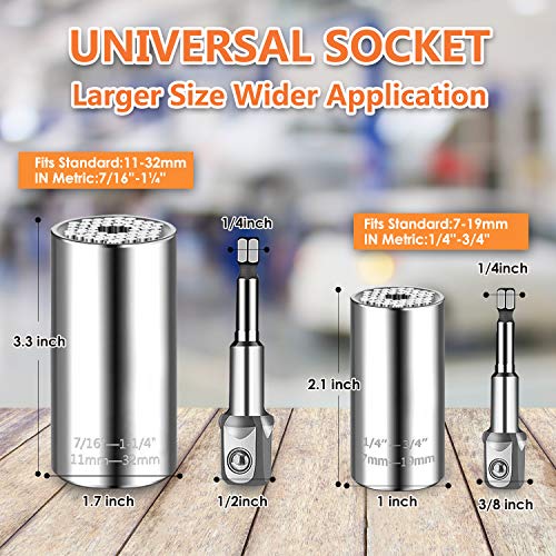 Universal Socket Wrench Set (11-32mm 7-19mm) Professional Sockets Tools Multi-function Wrench Repair Tool Kit with 3/8 inch Ratchet Wrench & Power Drill Adapter Chrome Vanadium Steel
