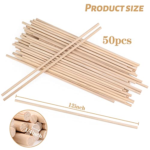 Wooden Dowel Rods, 50PCS 1/4 x 12 Inch Round Wooden Sticks for Arts Crafts, Home Decor, Cake Support, Photo Booth Props, Unfinished Natural Hardwood Sticks - size: 1/4 x 12 Inch (50PCS)
