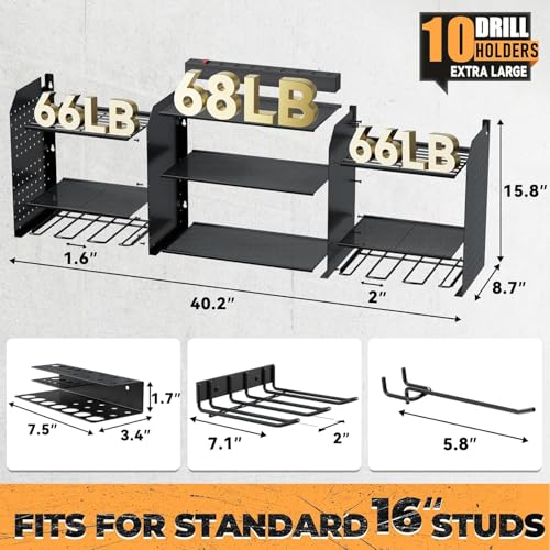 Upgraded Large Power Tool Organizer Wall Mount with Charging Station - color: Black