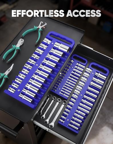 Reniteco 3-Piece Magnetic Socket Organizer Tray, for 1/2'', 3/8 '', 1/4'' Drive Metric/SAE Hold up to 76 Sockets, Heavy-Duty Socket Holder with Handle & Magnetic Base, Sockets Not Included - color: Blue