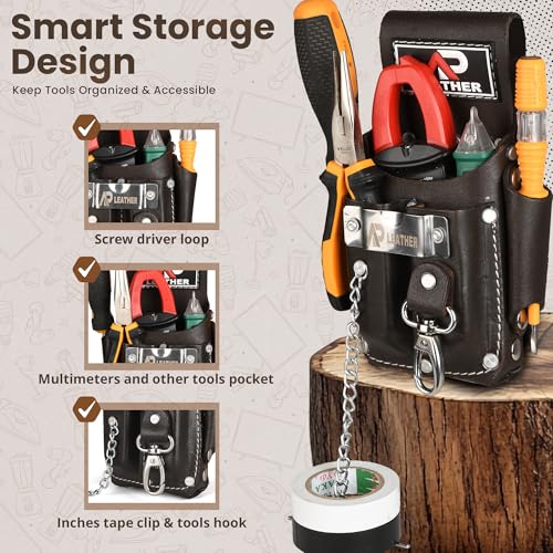 Ap-Leather Pro-5 Electrician Pouch, Leather Tool Pouch, 5 Pocket Pouch with Electrical Tape Holder, Durable Compartments, Tool Pouch with Belt Clip, Dark Brown - color: Chocolate