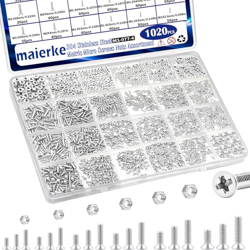 1020Pcs M1 M1.2 M1.4 M1.6 M2 M2.5 Metric Micro Screws Nuts Assortment, Hex Nuts, Small Machine Screws, for Arduino, RC Models, Electronics and DIY Flat Countersunk Head - size: 1020pcs
