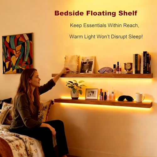 ROGMARS 36 Inches Long Walnut Floating Shelves with Led Light - color: Walnut, size: 36 Inch set of 2
