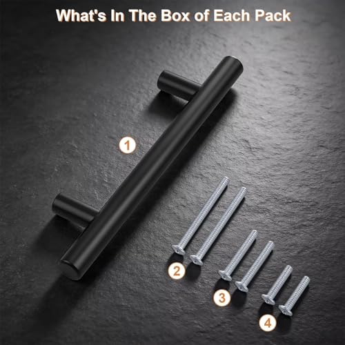 Probrico 30 Pack Hole Centers 3-3/4inch Matte Black Kitchen Cabinet Handles, Stainless Steel Dresser Drawer Pulls, Modern T Bar 6inch Length Pull Handle for Closet - size: Center to Center: 3-3/4 inch