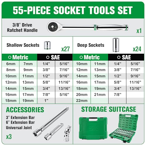 SK 3/8" Drive Socket Set with 216-P Ratchet, SAE & Metric,CR-V Steel
