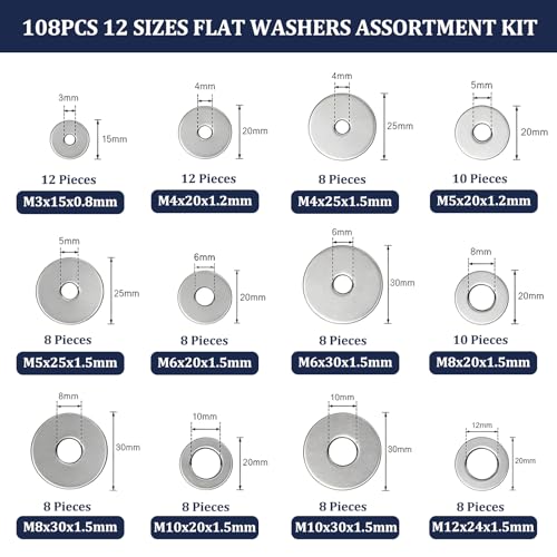 ZQZ 180Pcs Stainless Steel Flat Washers Assortment Kit;Fender Washer M3-M12 - size: 12 Sizes 108 Pieces