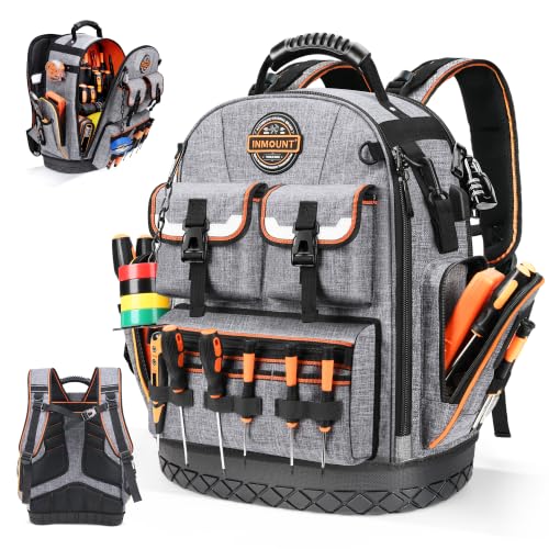 LOKASS Tool Backpack Heavy Duty, 18.5 in, 56 Pockets, Molded Bottom, Gray - color: Gray