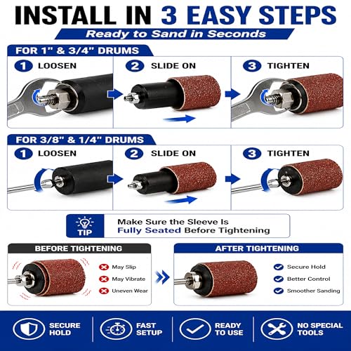 16 Pcs Sanding Drum Kit, 1/4" & 1/8" Shank Rubber Mandrels with 80/120/240 Grit Aluminum Oxide Sleeves, Rotary Tool Drill Sanding Attachment for Wood, Metal, Curves and Detail Work