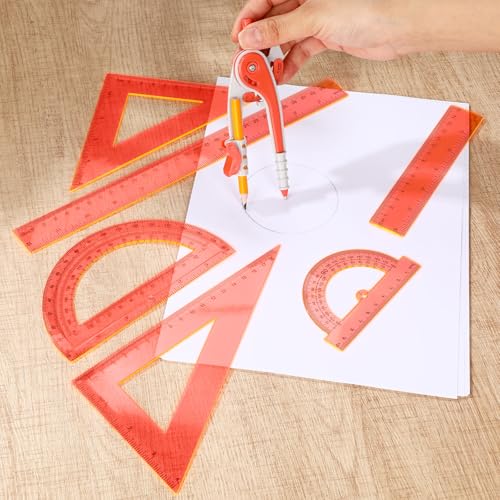 Zonon 7 Pcs Geometry Math Set with Compass Protractor Rulers, Orange - color: Orange