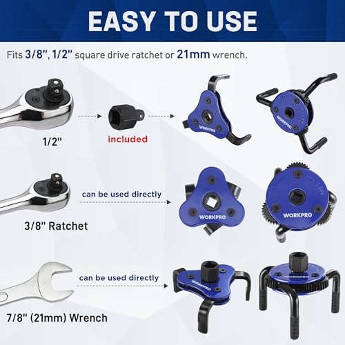 WORKPRO Universal Oil Filter Wrench Adjustable (2-3/4" to 5-1/8"), Oil Filter Removal Tool, Oil Filter Change Set, Ideal for Engine Filters, Conduit, & Fittings - color: Blue