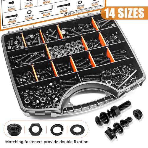 mankk 700PCS M6 Flange Bolt and M6 Button Head Hex Socket Cap Screws Assortment Kit M6×1.0 (10mm to 35mm) Metric Grade 10.9 Alloy Steel Class Hex Bolts and Nuts Washers Kit - color: Black-700PCS M6