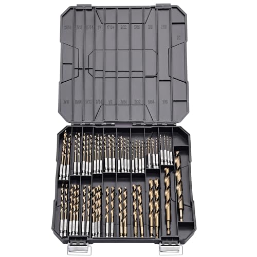Hex Shank Cobalt Drill Bit Set 63Pcs 1/16"-1/2", M35 HSS Twist Impact Drill Bits for Metal and Hardened Steel, with Indexed Storage Case - size: 63pcs 1/16-1/2