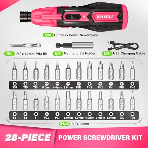 DIYSELF Electric Screwdriver, Cordless Power Screwdriver Set, 28-Piece,Pink - color: Pink