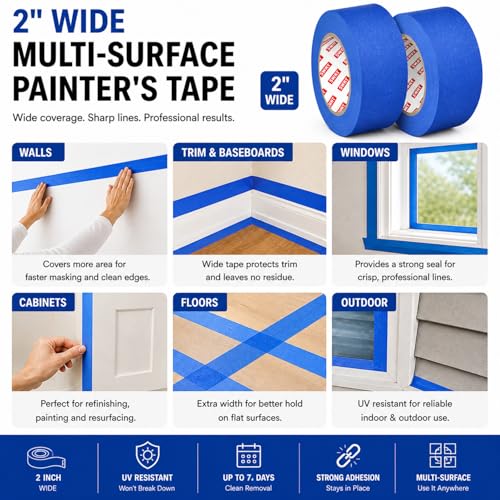SWRT Blue Painters Tape 2 Inch Wide x 55 Yards, 4 Rolls, Clean Removal