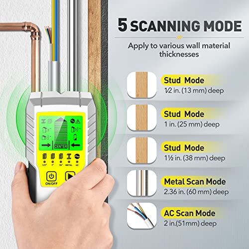 Stud Finder Wall Scanner Sensor - 5 in 1 Stud Sensor Detector Wall Scanner with LCD Display Beam Finders for the Center and Edge of Metal Wood AC Wire Studs Pipe Joist Detection - color: Yellow