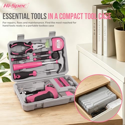 Hi-Spec 4V Electric Ladies Screwdriver Tool Kit Compact Portable Case, Pink - color: Pink