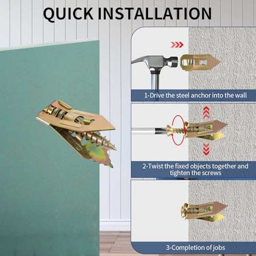 80Pack Self Drilling Drywall Anchors with Screws, 3 Sizes Suitable for Tv, Cabinets, Shelves, Shelf Straps, Bicycles, Curtains, No Need to Drill Holes in The Wall(40 Metal Anchors and 40 Zinc Screw) - color: 80Pack 1.1inch + 1.57inch
