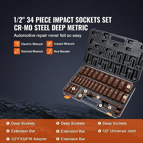 VEVOR 1/2" Drive Impact Socket Set, 34 Piece, Metric 8 to 36mm - size: 1/2" 34 PCS CR-MO