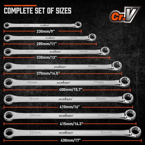HORUSDY 8-Piece Extra Long Double Box-End Wrench Set, 12-Point Metric 8–24 mm, CR-V Steel, 15° Offset, Off-Corner Loading, with EVA Foam Organizer - style: 8pcs Metric Extra Long Wrench Set