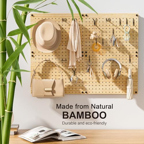VOIMO Bamboo Peg board Wall Organizer, 4 Panels, 16 x 12 in, 35 Hooks - size: 16'' X 12'' (4 Panels)