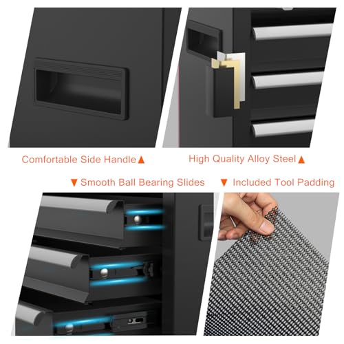 Portable Metal Tool Box with Drawers, Latches Tool Box with EVC Liners for Garage, Home and Workbench (Black) - color: Black