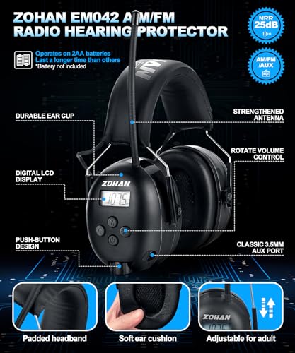 ZOHAN AM/FM Radio Headphone with Digital Display,Ear Protection Noise Reduction Earmuffs,Comfortable Hearing Protector - color: Black, style: Radio