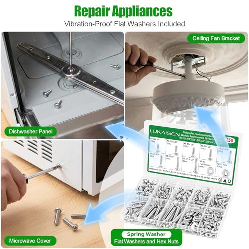 250 Pcs #8-32 Pan Head Machine Screws Nut Washer Bolt Kit,304 SS | Phillips Drive Full Thread Assorted, Includes #8-32 x 1/4"-1-1/4"Lengths for Electrical Outlet Switch Plate, Storage Box - size: SS 250Pcs #8-32（1/4" to 1-1/4" ） Pan