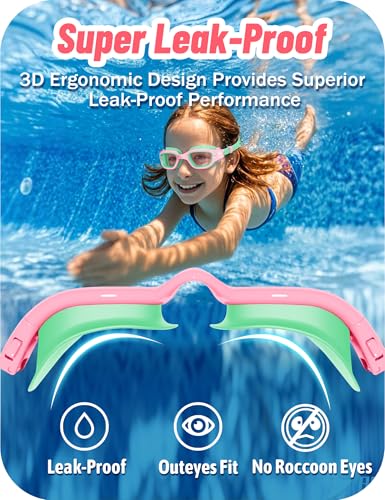 Vvinca Kids Swim Goggles, Swimming Goggles for Kids 3-14 Anti-Fog UV Protection No Leak Pool Glasses for Boys Girls - color: 05- Green & Pink