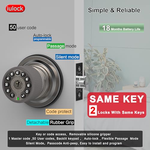 iulock Smart Door Knob with Keypad and Key,Keyless Entry Door Lock with Rubber Grip, Auto Lock,50 User Code,Waterproof, Easy to Install and Program for Bedroom(Stain Nickel Same Key 2 Pack) - color: Stain Nickel Same Key 2 Pack
