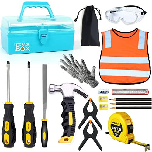 Kids Real 20Pcs Construction Tool Set with Blue Toolbox and Protective Clothing, Beginner Woodworking Tool Set, Educational Gift - size: 20 PCS