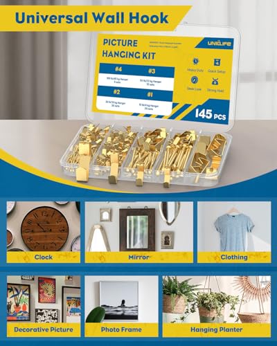 Uniclife 145 Pcs Picture Hanging Kit, 10 lb, 30 lb, 50 lb, 100 lb Heavy Duty Picture Hangers for Drywall & Wood, Picture Hanging Hooks, Frame Hooks for Hanging Photos Mirrors Paintings - size: 145 Pcs, style: Gold