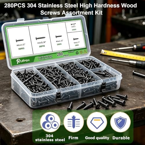 280Pcs Black Pan Head Wood Screws Assortment Kit,304 Stainless Steel Self Tapping Wood Screws #6/#8 Screw Kit,Round Head Screws Phillips Drive, Sheet Metal Screws - size: 280PCS-BK