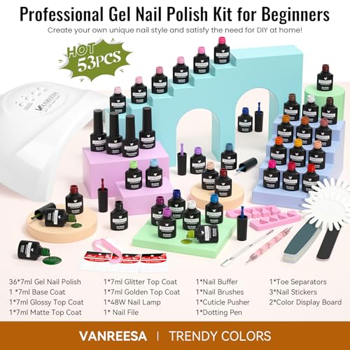 VANREESA Gel Nail Polish Kit with U V Light 53 Pcs Gel Polish Nail Set 36 Popular Colors Nail Polish Set with Base and 4 Effects Top Coat with Manicure Tools Complete Nail Kit Gifts for Women Girls - color: Fall Reverie