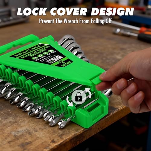 2-Piece Magnetic Wrench Organizer, Metric & SAE Portable Plastic Wrench Holder, 24-Slot Total, Foldable Carrying Handle for Wall-Mounted, Easy-Open Lock Cover, Wrenches Storage Rack Tool for Tool Box - style: 2PCS Green&Black