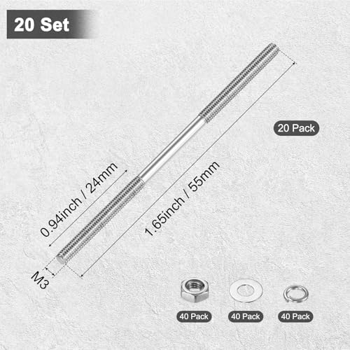 M METERXITY 20-Set Double End Threaded Stud Screw Bolt, M3x55mm Stainless Steel Push Rod Dual End Thread with Washer for Electrical/CNC Equipment/House Maintenance, Right Hand Thread - size: M3x55mm