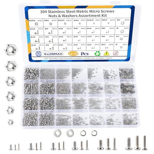 1670Pcs 304 Stainless Steel Metric Micro Screws Nuts Assortment Kit, M1 M1.2 M1.4 M1.6 M2 M2.5 Sizes, Phillips Pan Head Small Machine Screws for Arduino, Electronics, RC Models, DIY Projects